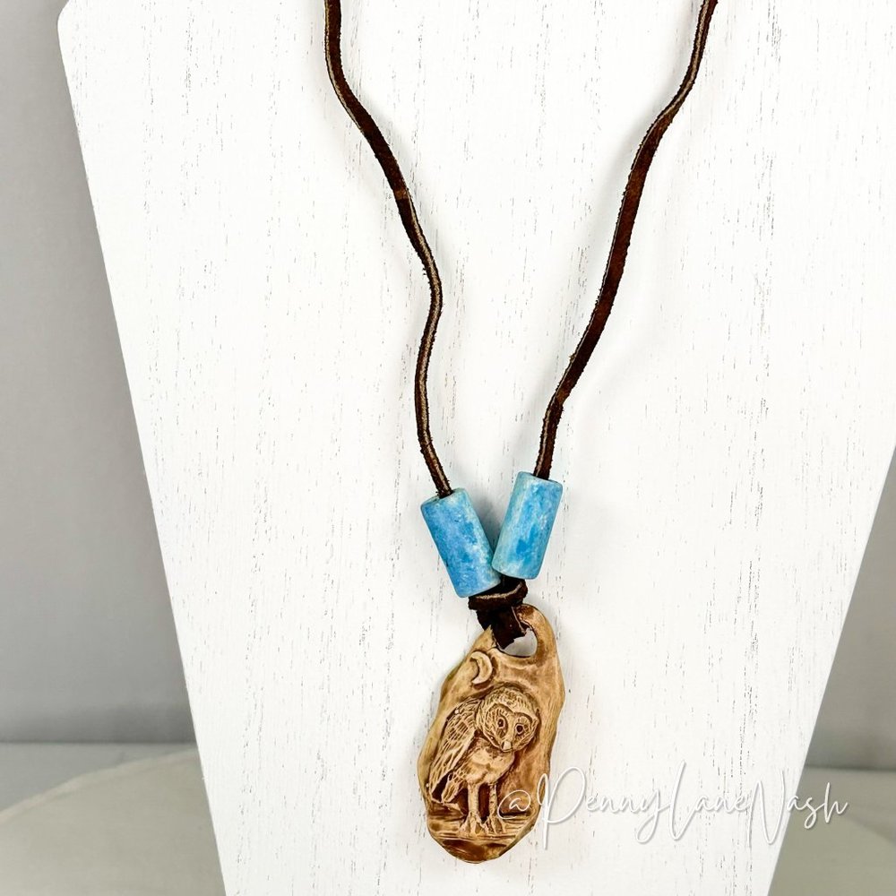Vintage Owl Stone Etched on Burlap w/ Blue Stones Necklace - Picture 3 of 6